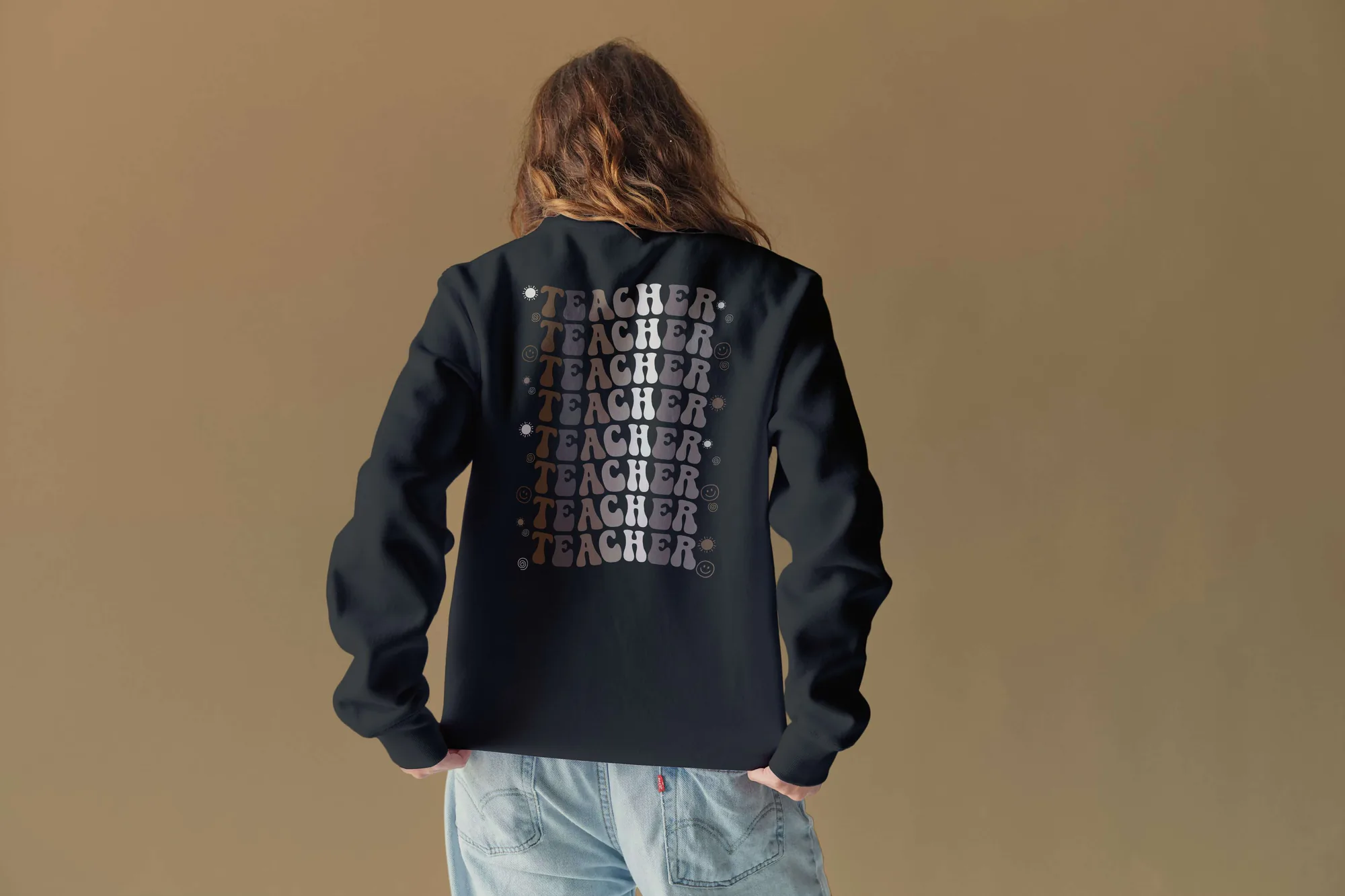 Black retro teacher crewneck with colorful back artwork