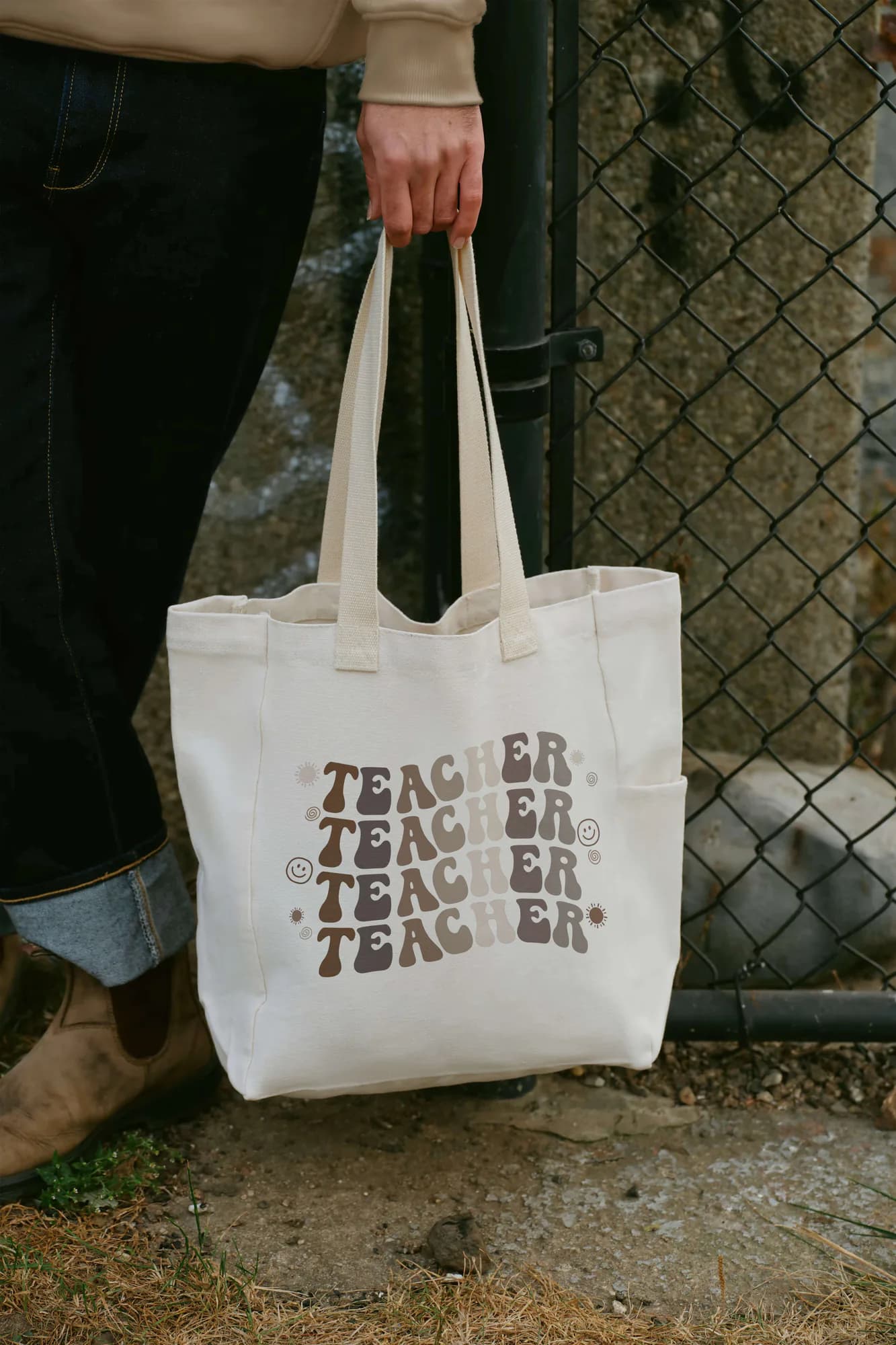 Natural canvas teacher tote with colorful retro artwork